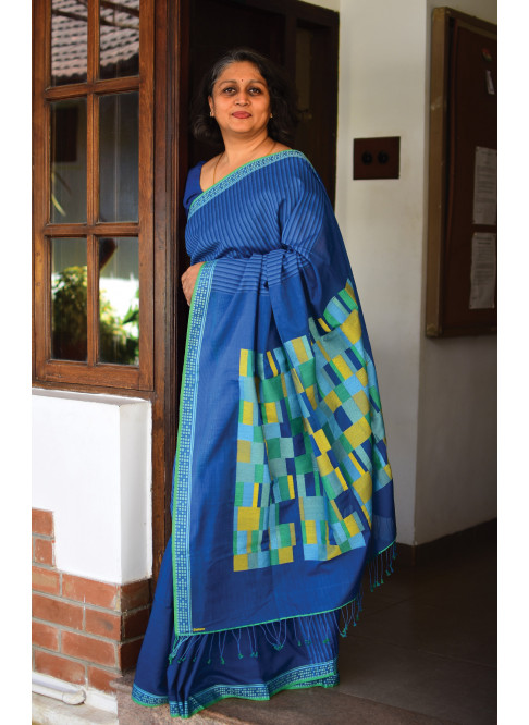 Blue, Handwoven Organic Cotton, Textured Weave , Jacquard, Work Wear Saree